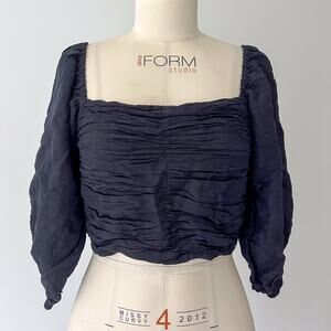 Posse Womens SMALL Black Linen Ivy Blouse Smocked Ruched Cropped Puff Sleeve